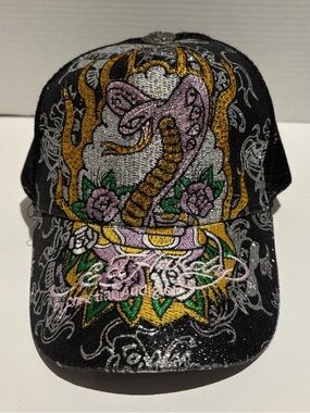 SOLD Vintage Ed Hardy Christian Audigier Trucker Hat Snake Rose Rhinestone Y2K
